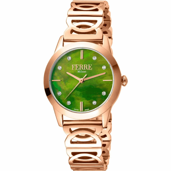 FM1L126M0251 női karóra rózsaarany színben zöld számlappal, kvarc szerkezettel.